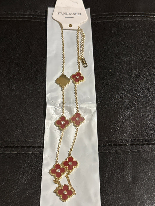 🍀 Luxury Gold-Tone Stainless Steel Red Enamel Four-Leaf Clover Crystal Center Station Necklace — Style #1655 💎✨
