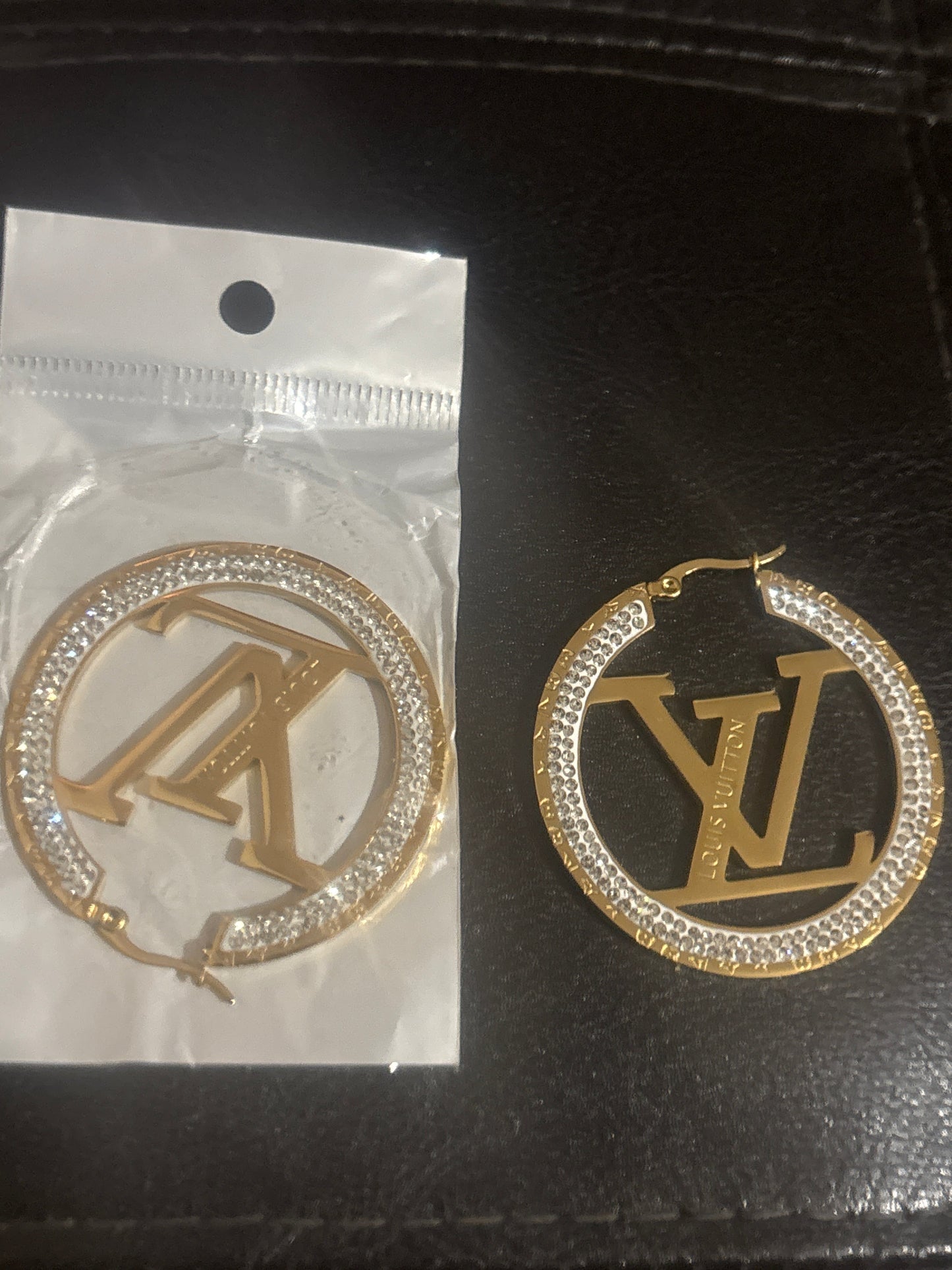 ⭕ Luxury Gold-Tone Stainless Steel Crystal Pavé LV Logo Oversized Hoop Earrings — Style #1095 💎✨