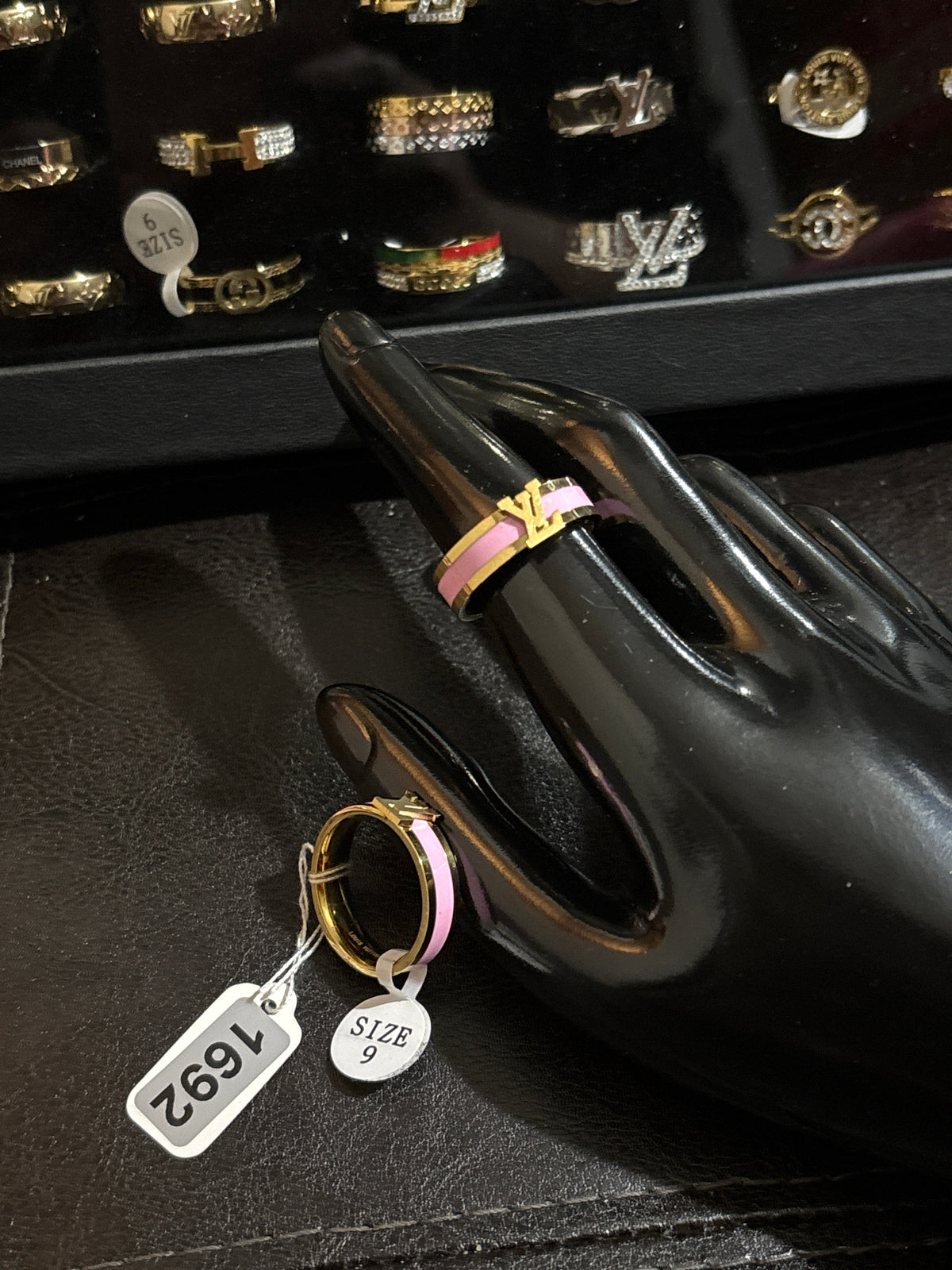 Gold LV Initiales Pink Enamel Band Ring | Pastel Luxury Fashion Statement | Sizes 8 & 9 ✨💍 #1692