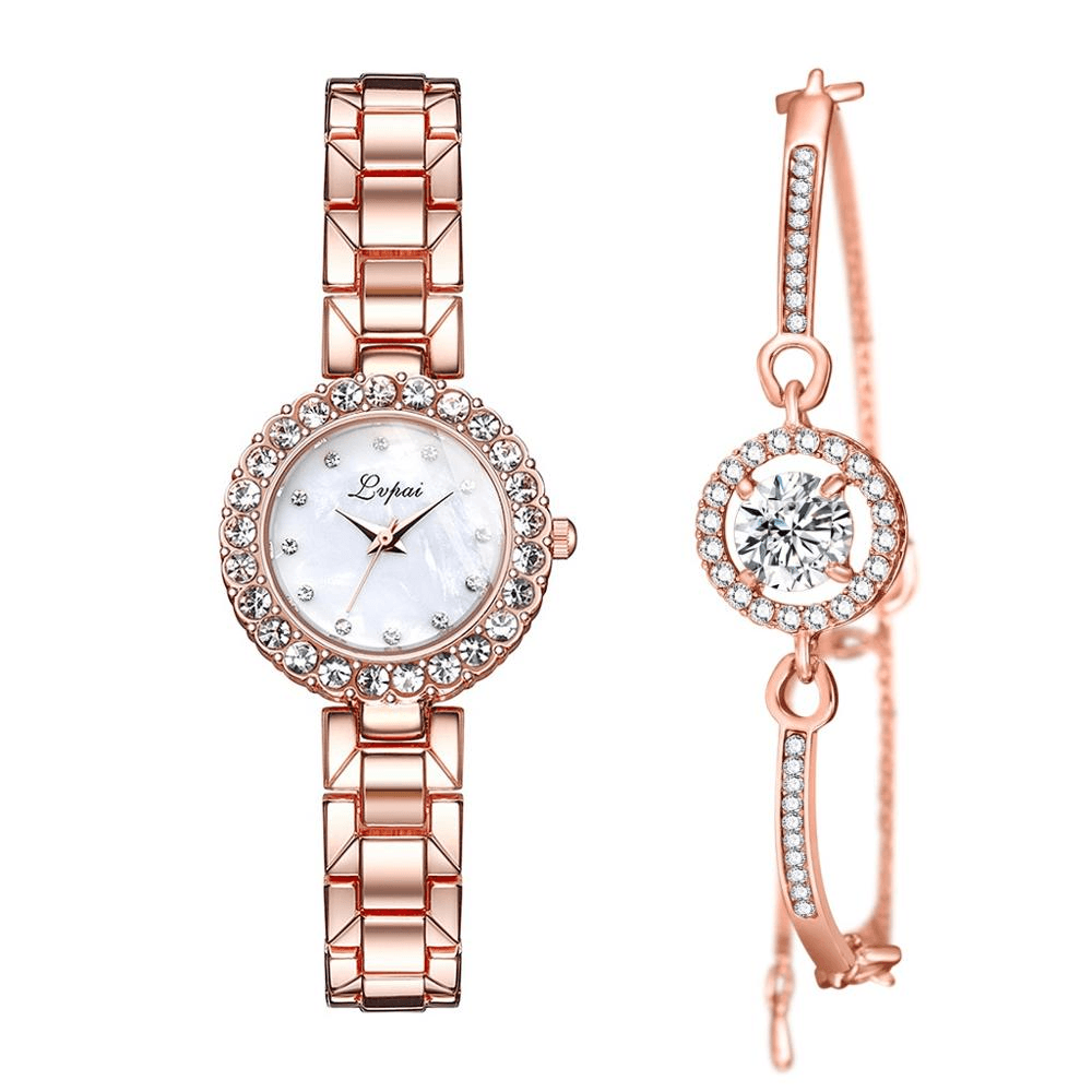Women's Geometric Bangle & Watch Set ⌚✨ Fashion Quartz Bracelet Set | Rose & Silver 🌹🤍🖤