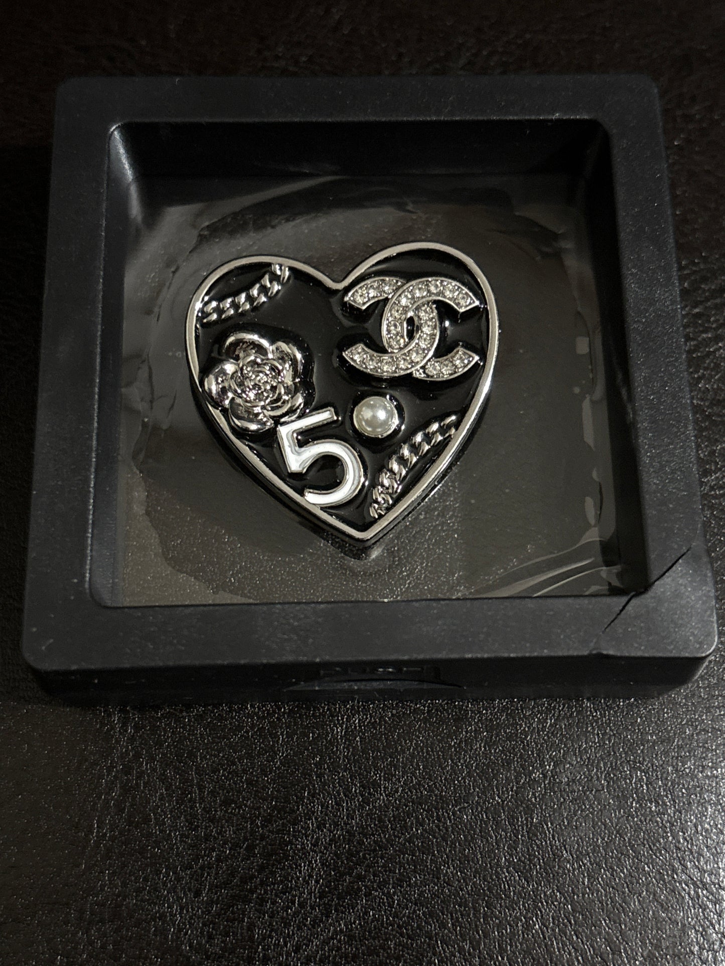 Luxury Black Enamel Multi-Icon Heart Brooch with Crystal Double-C, Camellia, Pearl & Number 5 in Shadow Box 🖤🌸💎✨