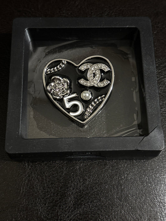 Luxury Black Enamel Multi-Icon Heart Brooch with Crystal Double-C, Camellia, Pearl & Number 5 in Shadow Box 🖤🌸💎✨