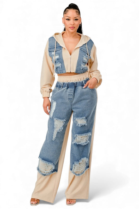 Denim-Patchwork-Hoodie- & Weithosen-Set