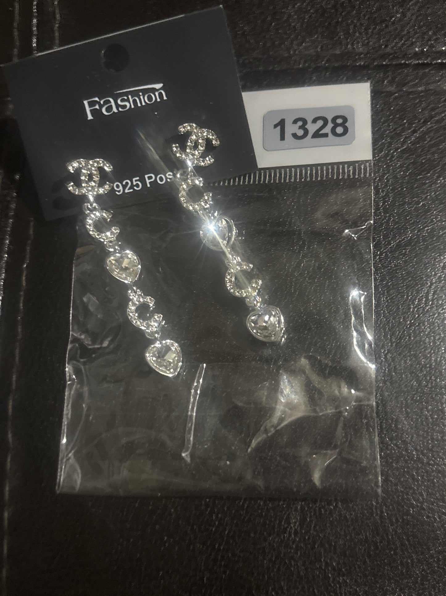 ✨ Crystal CC Logo & Heart Long Dangle Earrings in Silver — Item #1328 in Gold — Item #1325
