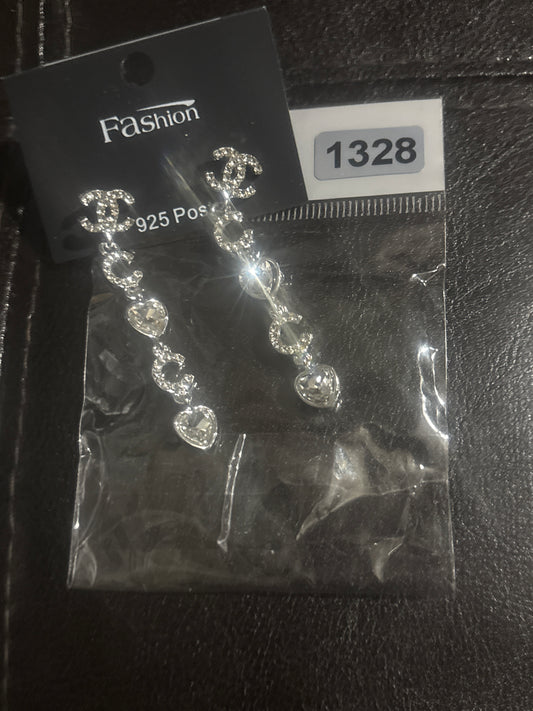 ✨ Crystal CC Logo & Heart Long Dangle Earrings in Silver — Item #1328 in Gold — Item #1325