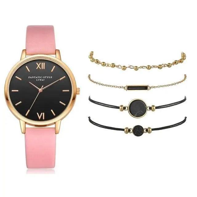 5-Piece Elegant Quartz Watch Set ⌚✨ Stylish Buckle Wristwatches for Women & Girls | 9 Colors 🌸💙🖤