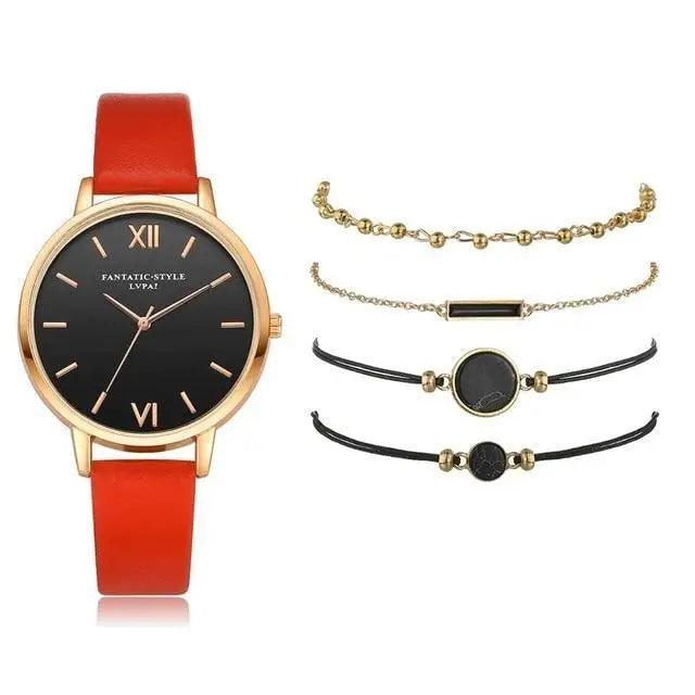 5-Piece Elegant Quartz Watch Set ⌚✨ Stylish Buckle Wristwatches for Women & Girls | 9 Colors 🌸💙🖤