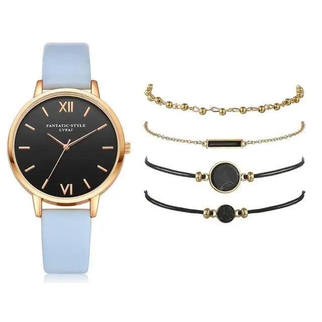 5-Piece Elegant Quartz Watch Set ⌚✨ Stylish Buckle Wristwatches for Women & Girls | 9 Colors 🌸💙🖤