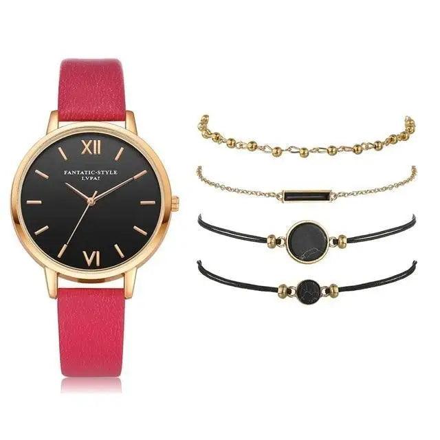 5-Piece Elegant Quartz Watch Set ⌚✨ Stylish Buckle Wristwatches for Women & Girls | 9 Colors 🌸💙🖤