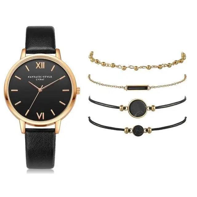 5-Piece Elegant Quartz Watch Set ⌚✨ Stylish Buckle Wristwatches for Women & Girls | 9 Colors 🌸💙🖤