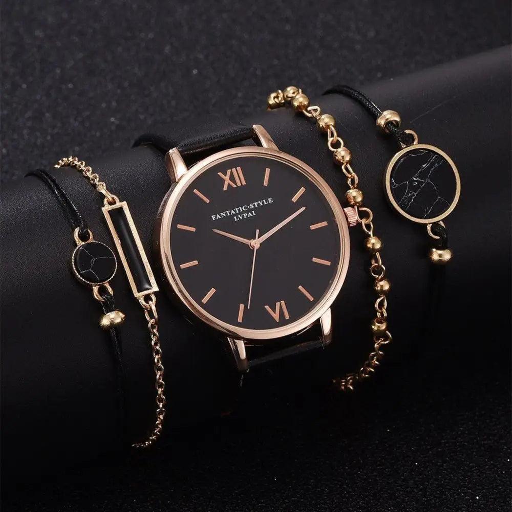 5-Piece Elegant Quartz Watch Set ⌚✨ Stylish Buckle Wristwatches for Women & Girls | 9 Colors 🌸💙🖤