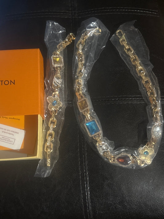 🌊💎✨ Paradise Multicolor Gemstone Gold Chunky Link Necklace & Bracelet Set — Item #0197