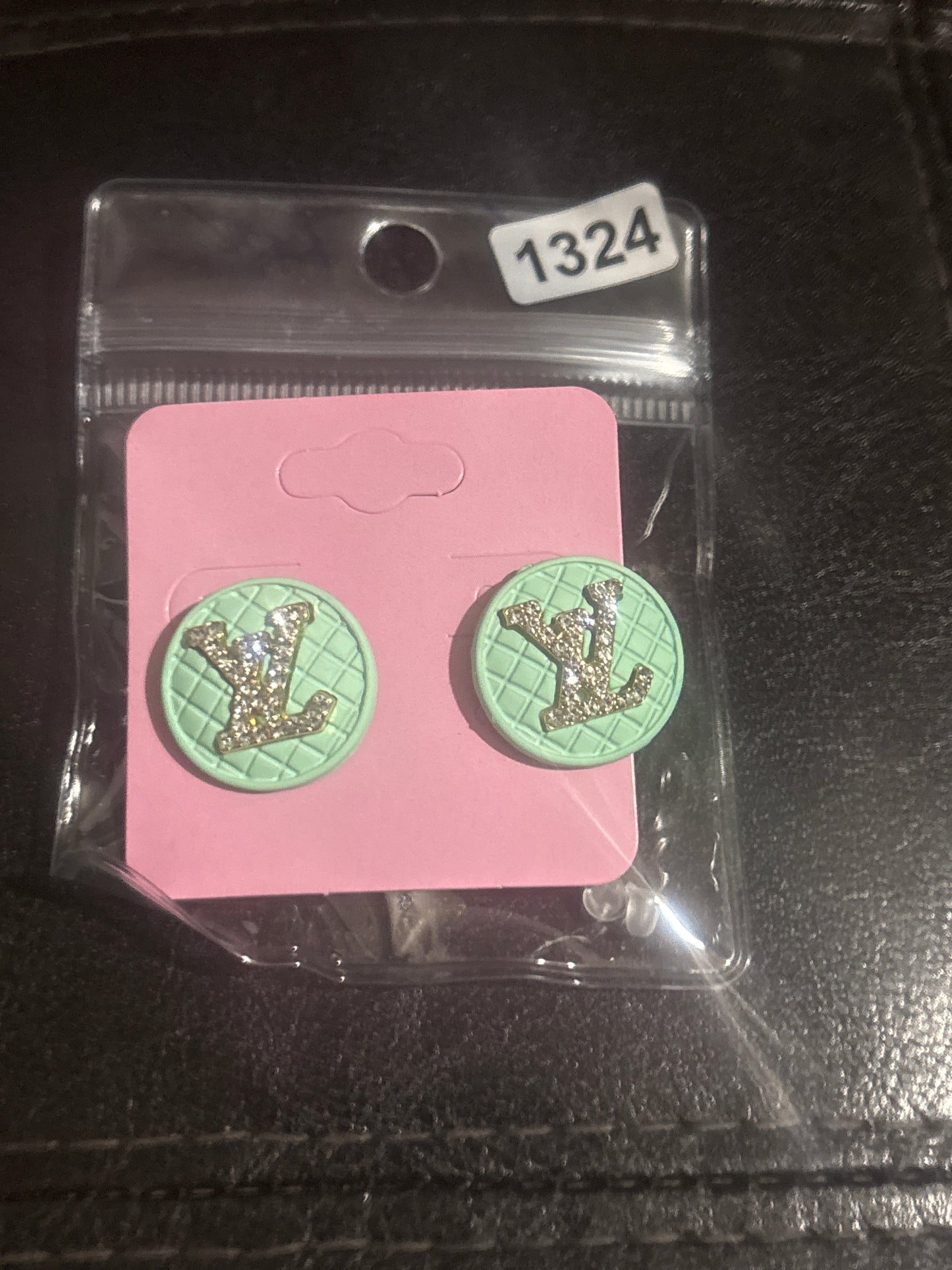 Luxury Inspired LV Glitter Logo Mint Quilted Circle Stud Earrings 🌿✨💰