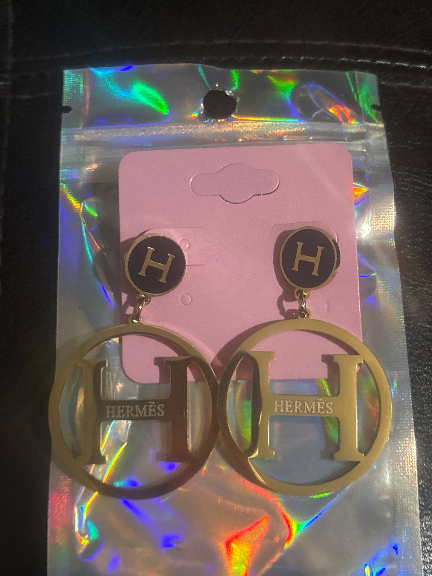 Hermès H Logo Drop Earrings 🪨✨ Silver Stainless Steel | Black Enamel H Stud Top | Large H Circle Pendant | Luxury Statement Jewelry 💎