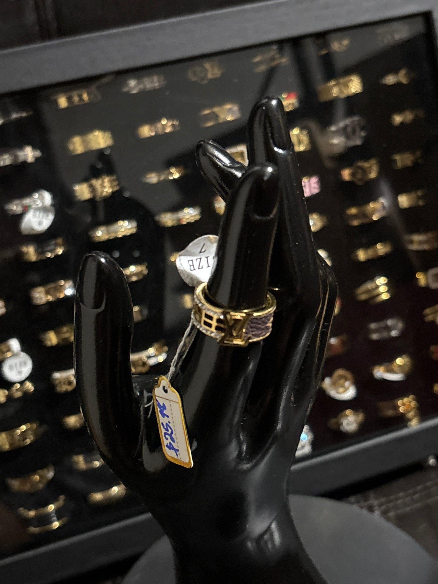 Gold LV Initiales Monogram Ring | Pavé Crystal Rhinestone Band with Leather Lining ✨💍 #700