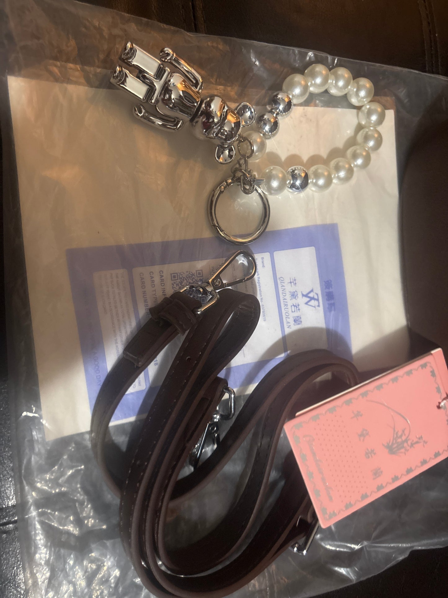 Luxury Brown Faux Leather Bucket Handbag with Pearl Charm & Shoulder Strap 🫖🤎✨
