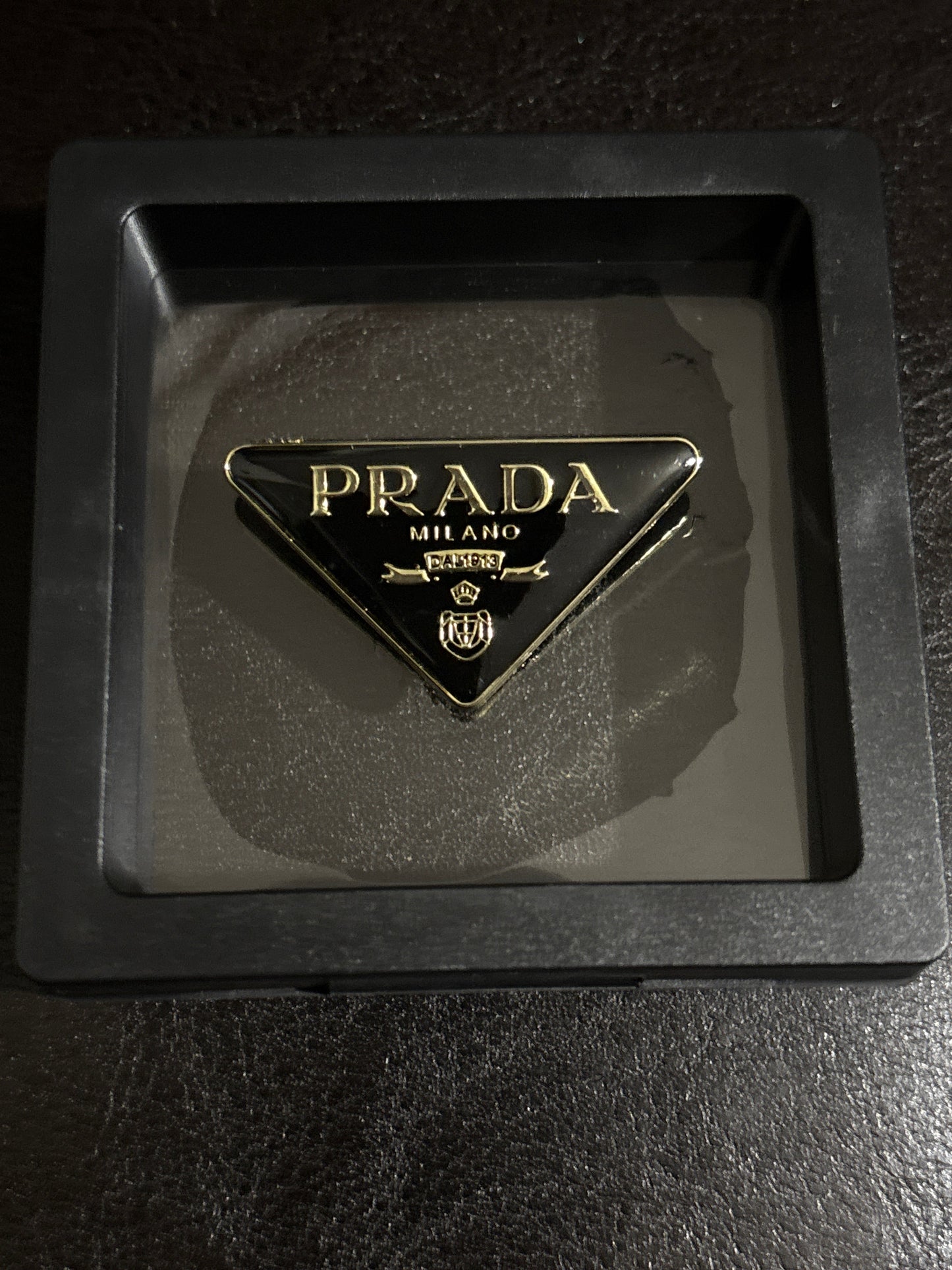 Luxury Italian Fashion-Inspired Black Enamel Inverted Triangle Brooch with Gold-Tone Lettering & Crest in Shadow Box 🖤💰✨