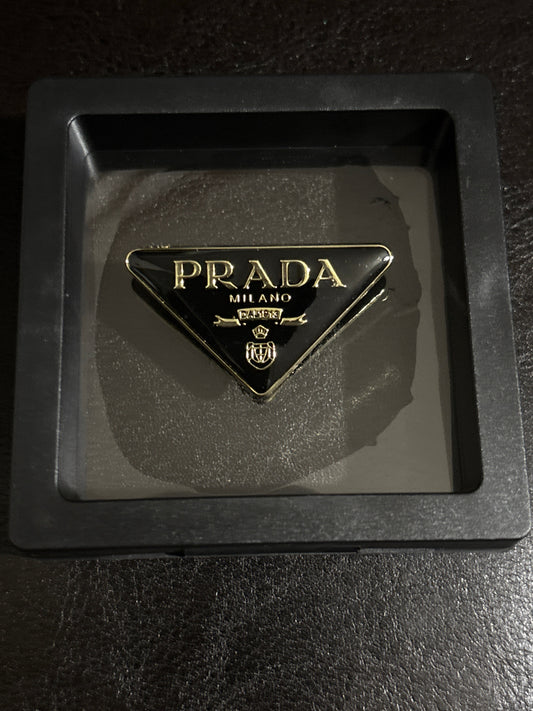 Luxury Italian Fashion-Inspired Black Enamel Inverted Triangle Brooch with Gold-Tone Lettering & Crest in Shadow Box 🖤💰✨