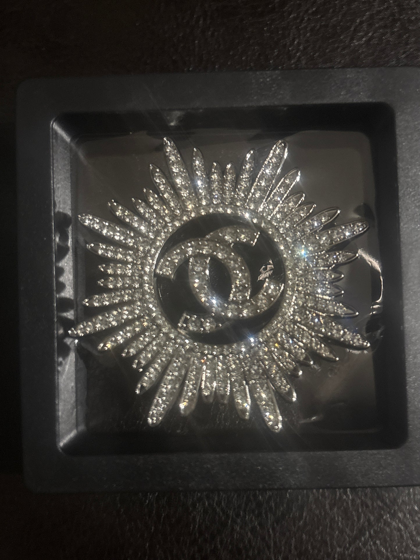 ✨ Crystal Sunburst CC Logo Brooch Pin in Silver — Item #1503