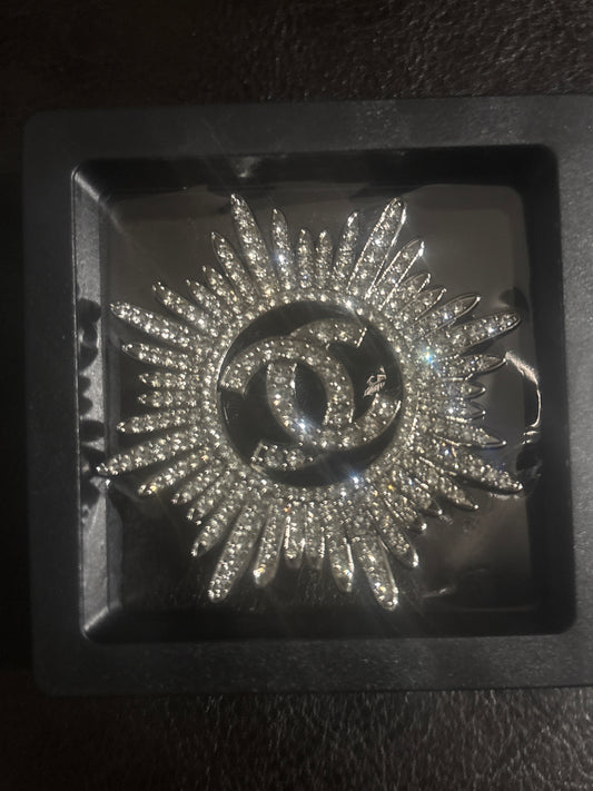 ✨ Crystal Sunburst CC Logo Brooch Pin in Silver — Item #1503