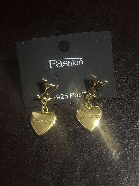 Luxury Inspired LV Logo Heart Drop Earrings 🫖💰✨