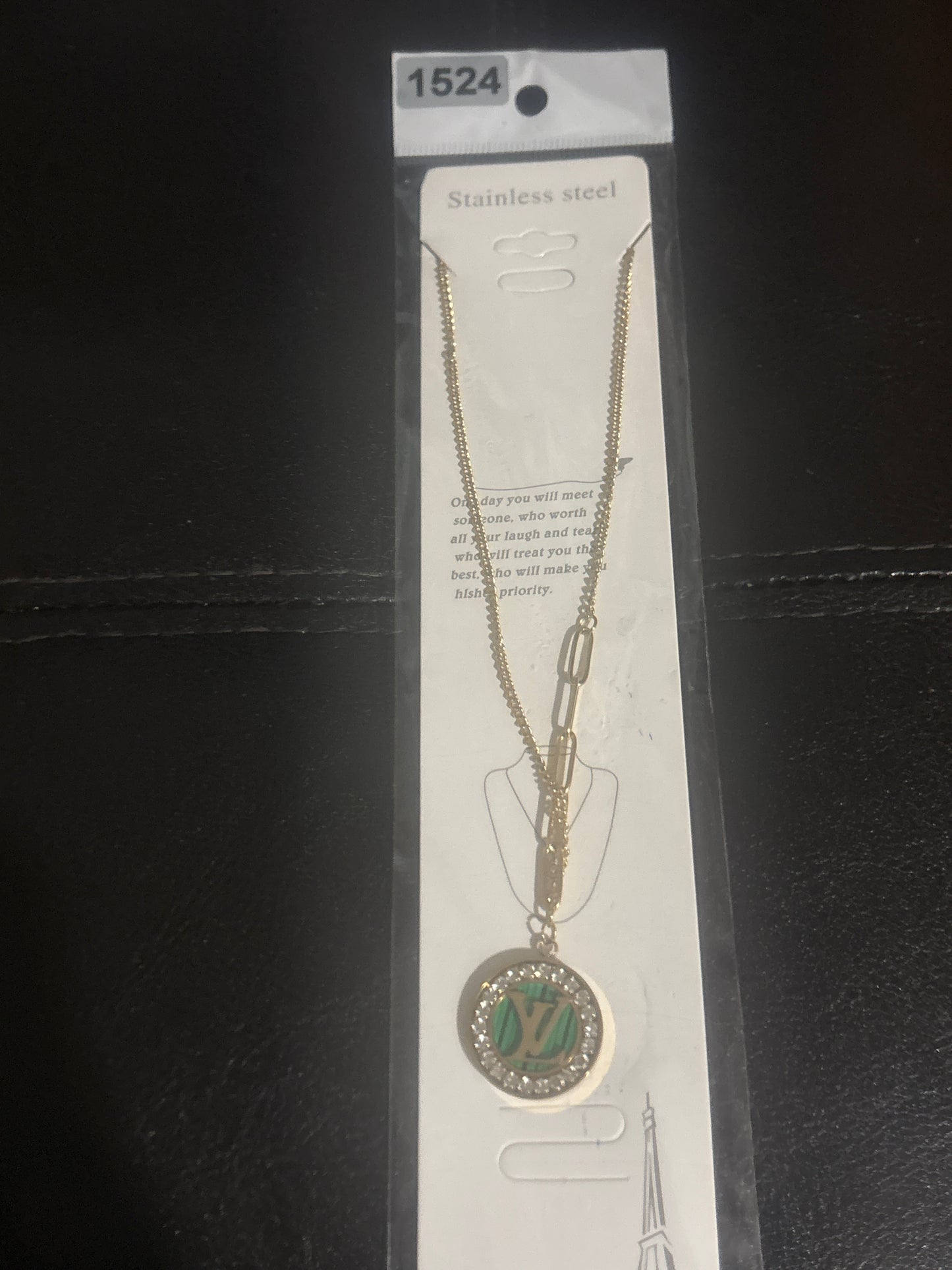 Gold Layered Chain Green/Red Enamel Crystal Logo Coin Pendant Necklace 💚♥️✨ #1524