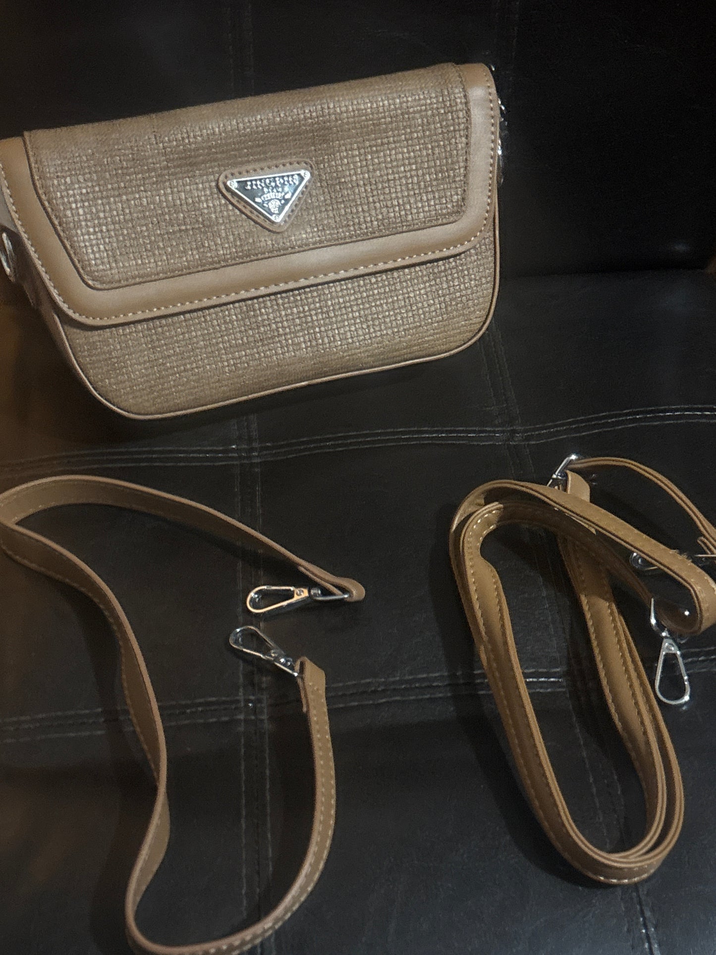 Luxury Woven Flap Beige Crossbody Shoulder Bag with Triangle Logo Plaque & Dual Straps 🧵🤎✨