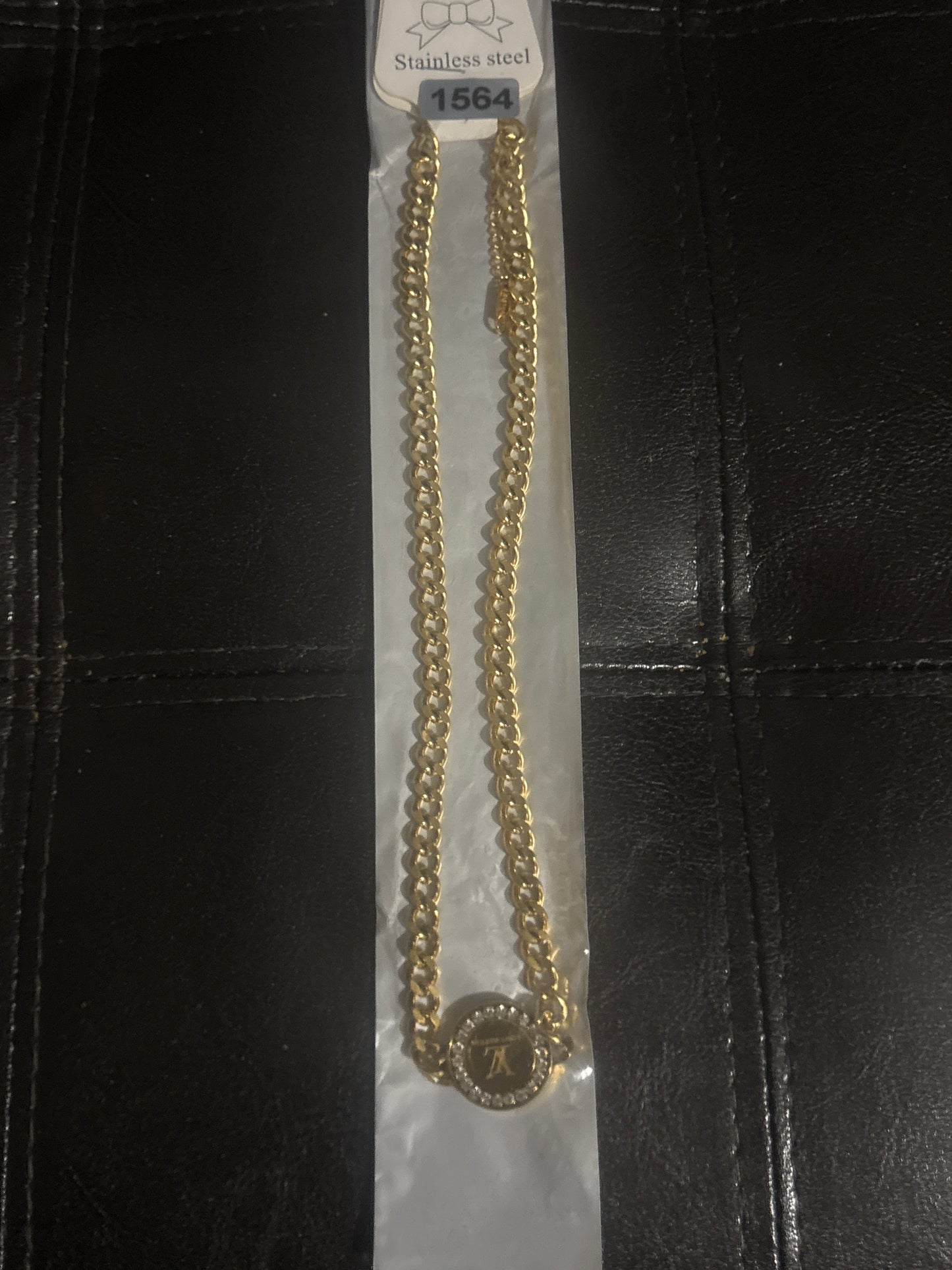 Gold Cuban Link Chain Necklace Crystal Logo Coin Pendant 💛✨ #1564