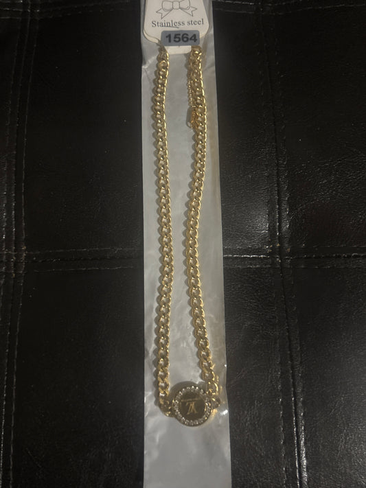 Gold Cuban Link Chain Necklace Crystal Logo Coin Pendant 💛✨ #1564
