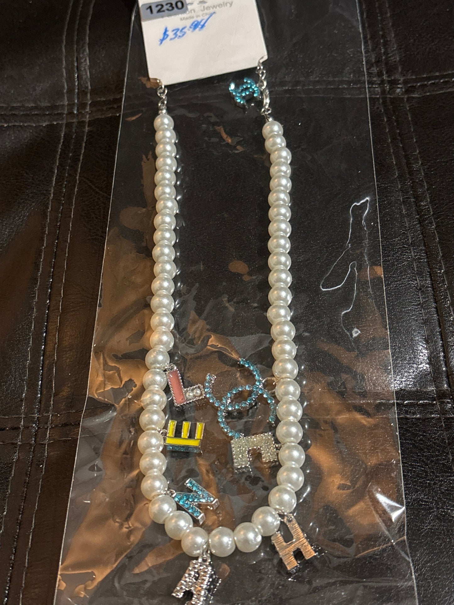🌈 Luxury Pearl Multi-Color Letter & CC Rhinestone Charm Necklace — Style #1230 🫖✨