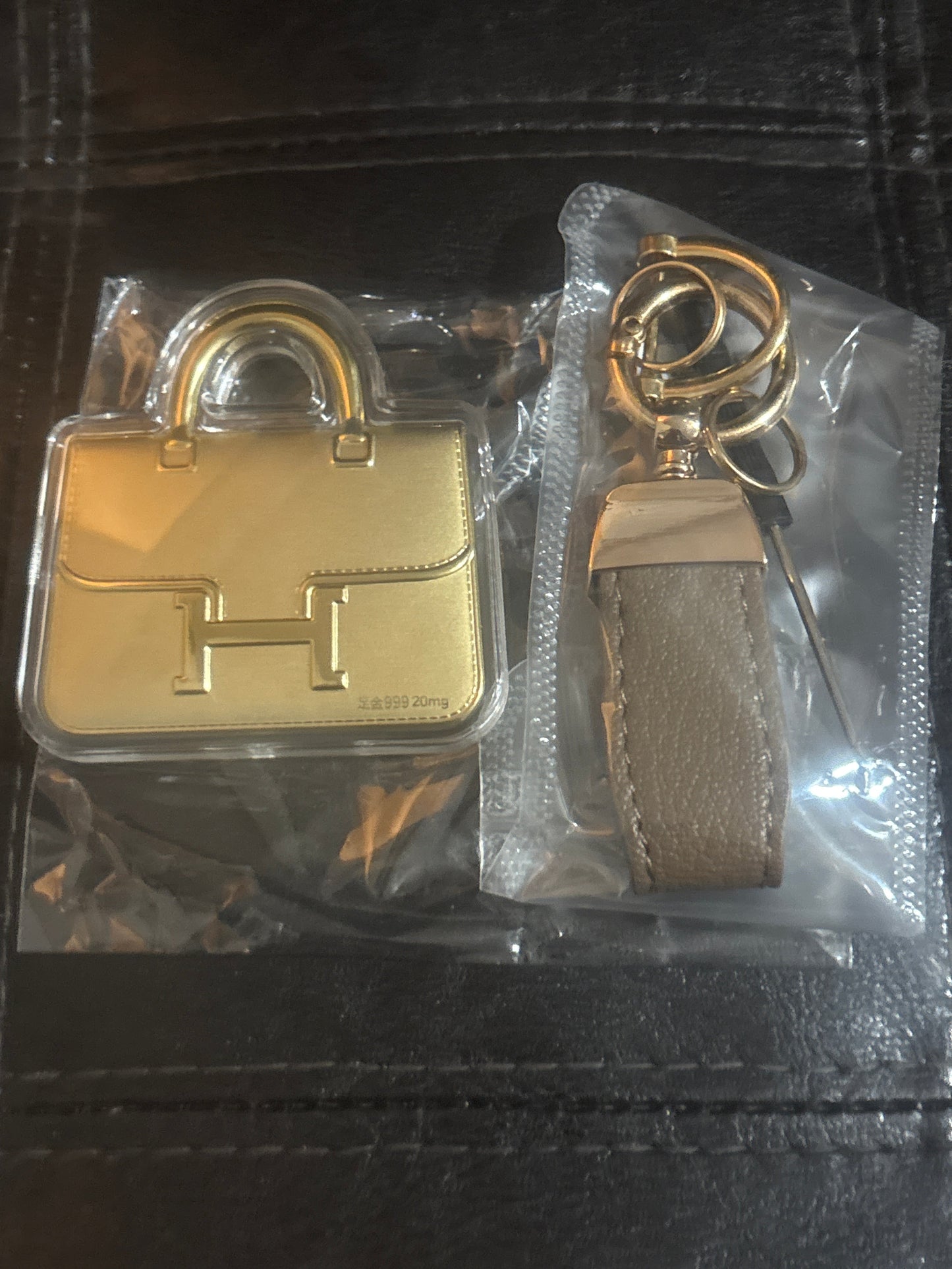 Luxury Inspired 24K Gold Foil H Logo Bag Charm & Keychain Set with Leather Fob 💰🔑✨