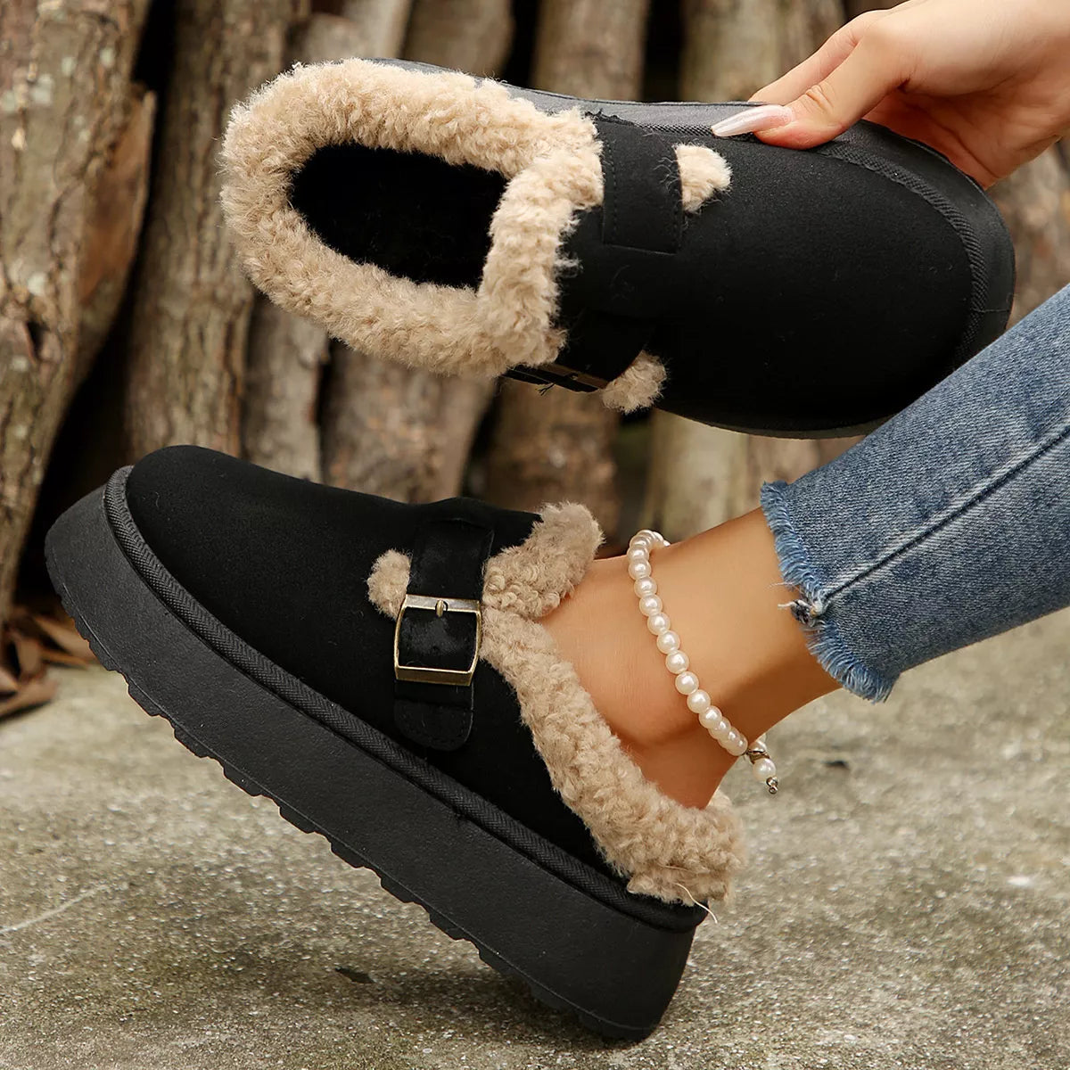 Fuzzy Trim Buckle Platform Slippers