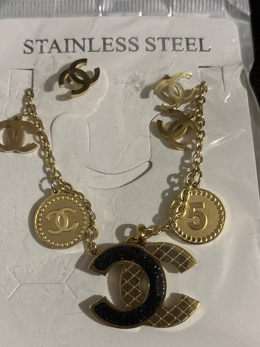🖤 Luxury Gold-Tone Stainless Steel CC Multi-Charm Station Necklace & CC Stud Earrings Set — Style #1660 💎✨