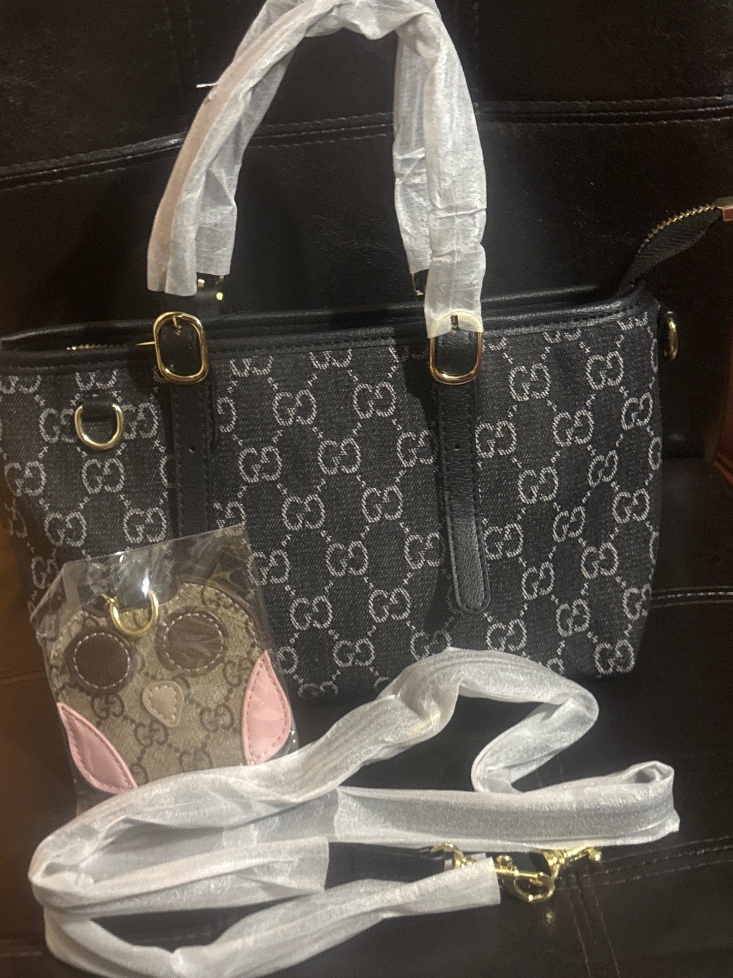 Luxury Inspired GG Monogram Black N Blue Tote Handbag Set with Crossbody Strap & Bunny Keychain 👜🖤🐰✨