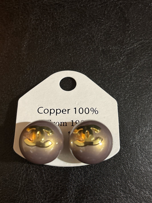 Luxury Oversized Taupe Pearl Ball Stud Earrings with Gold-Tone Double Initial Logo Back 🫖💰✨