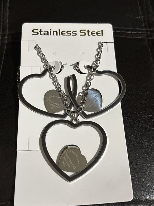❤️ Luxury Sterling Silver-Tone Stainless Steel Open Heart Hoop Earrings & Necklace 3-Piece Set — Style #1645 💎✨