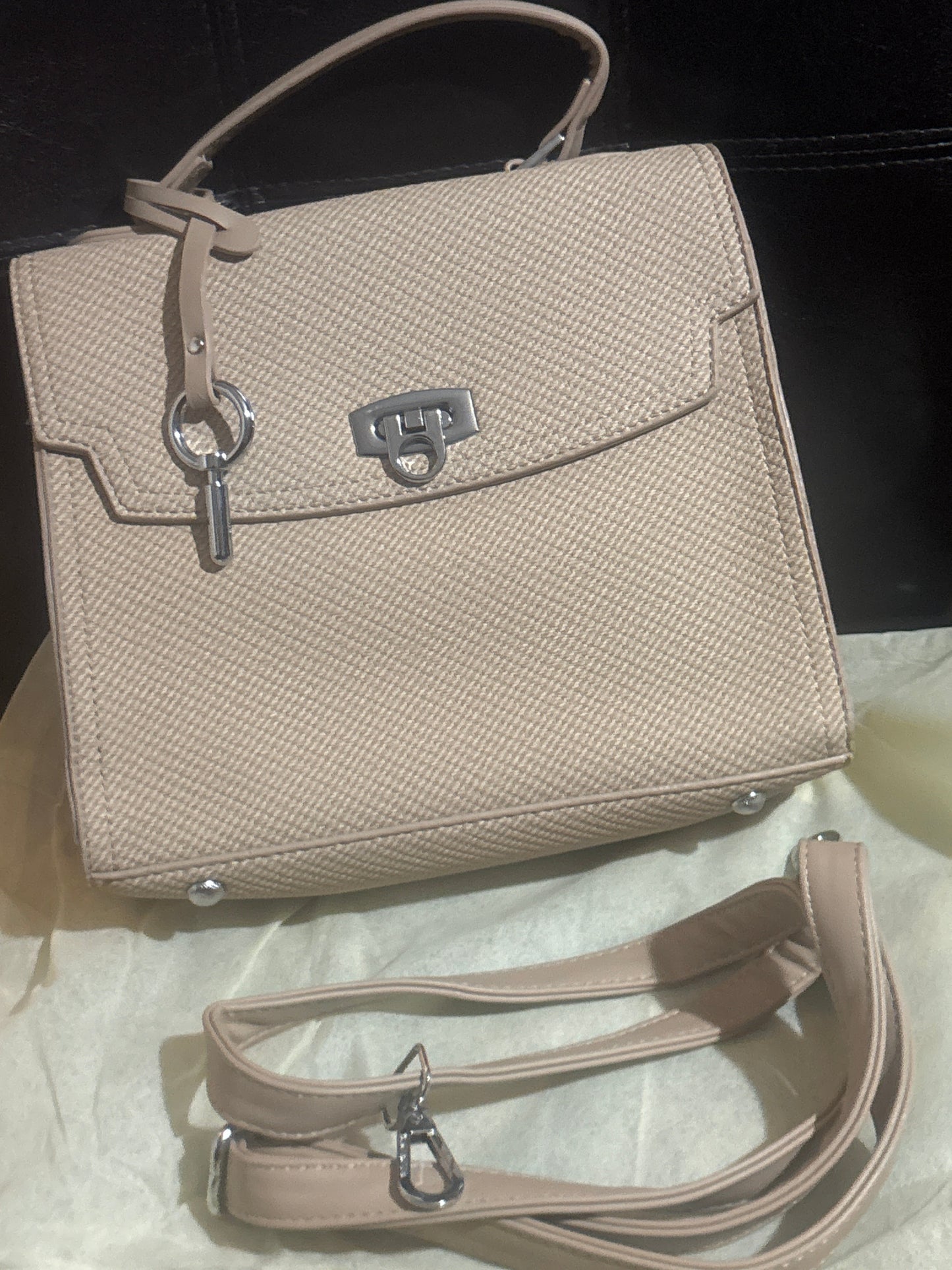 Luxury Woven Basketweave Structured Crossbody Satchel with Silver Lock & Key Charm 🧵🔑✨