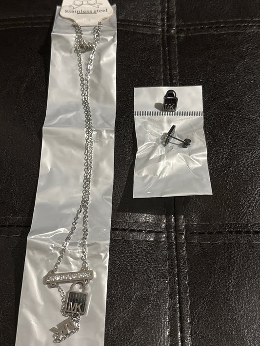 🔐 Luxury Silver-Tone Stainless Steel MK Logo Padlock & Crystal Bar Pendant Necklace & Stud Earrings Set — Style #1658 💎✨