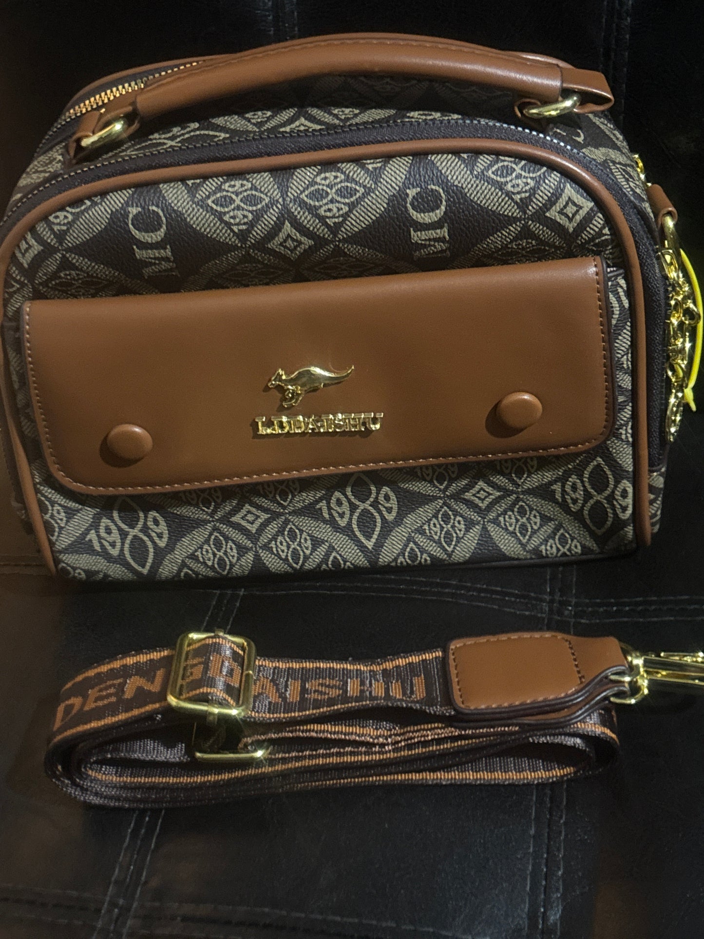 Luxury Vintage MC Monogram Camera Crossbody Bag with Gold Kangaroo Emblem & Jacquard Strap 🦘🤎✨