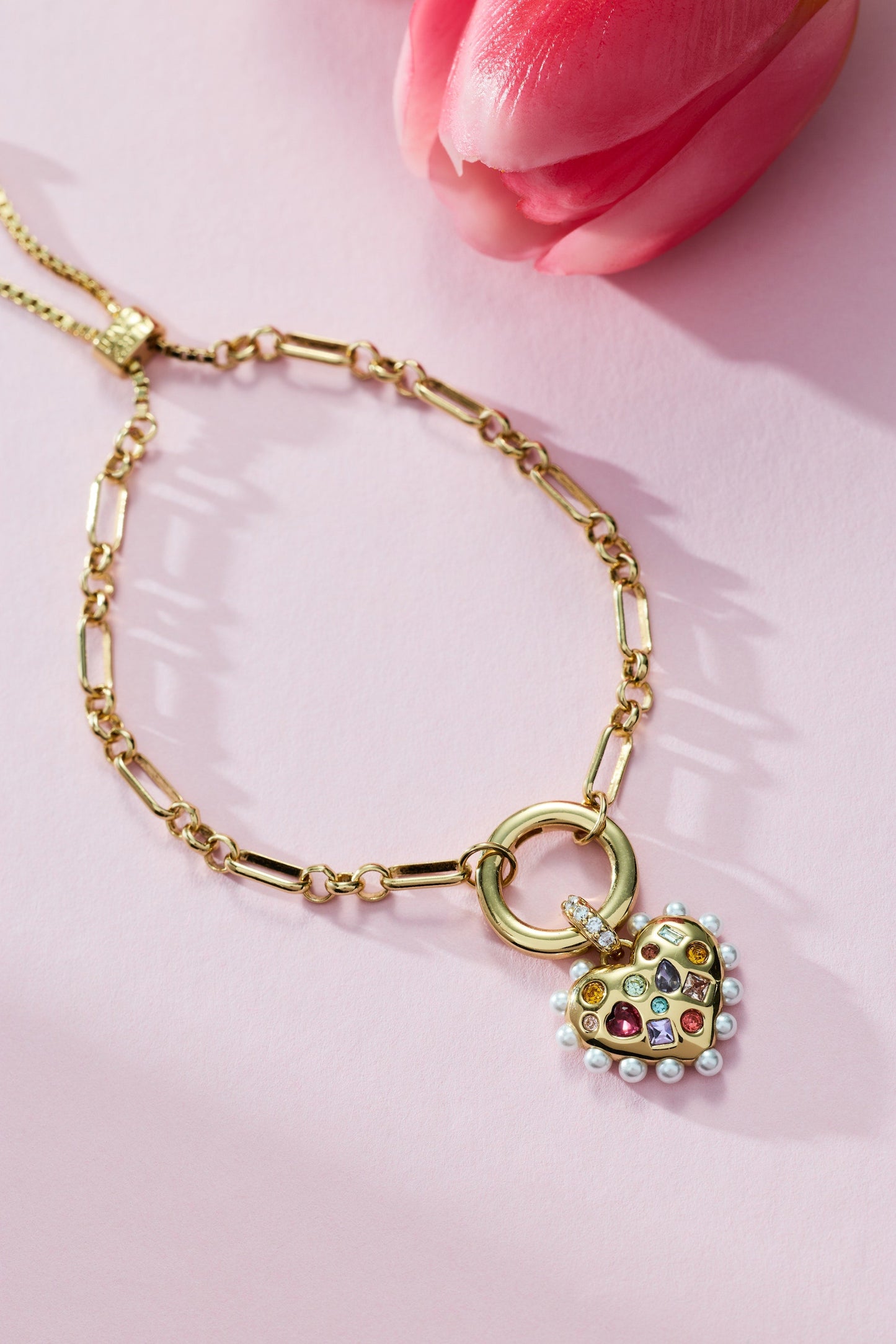 Puffy Heart Gemstone & Pearl Chain Bolo Bracelet ✨🧡💜 Rainbow Stone Heart Adjustable Bracelet | Alex and Ani 💎👑