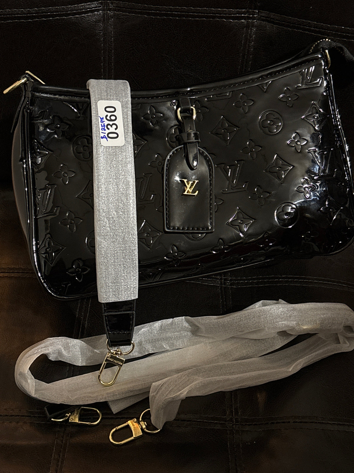 Luxury Inspired LV Black Patent Vernis Monogram Shoulder Bag | Gold LV Tag & Silver Glitter Strap 🖤✨🪩 #0360