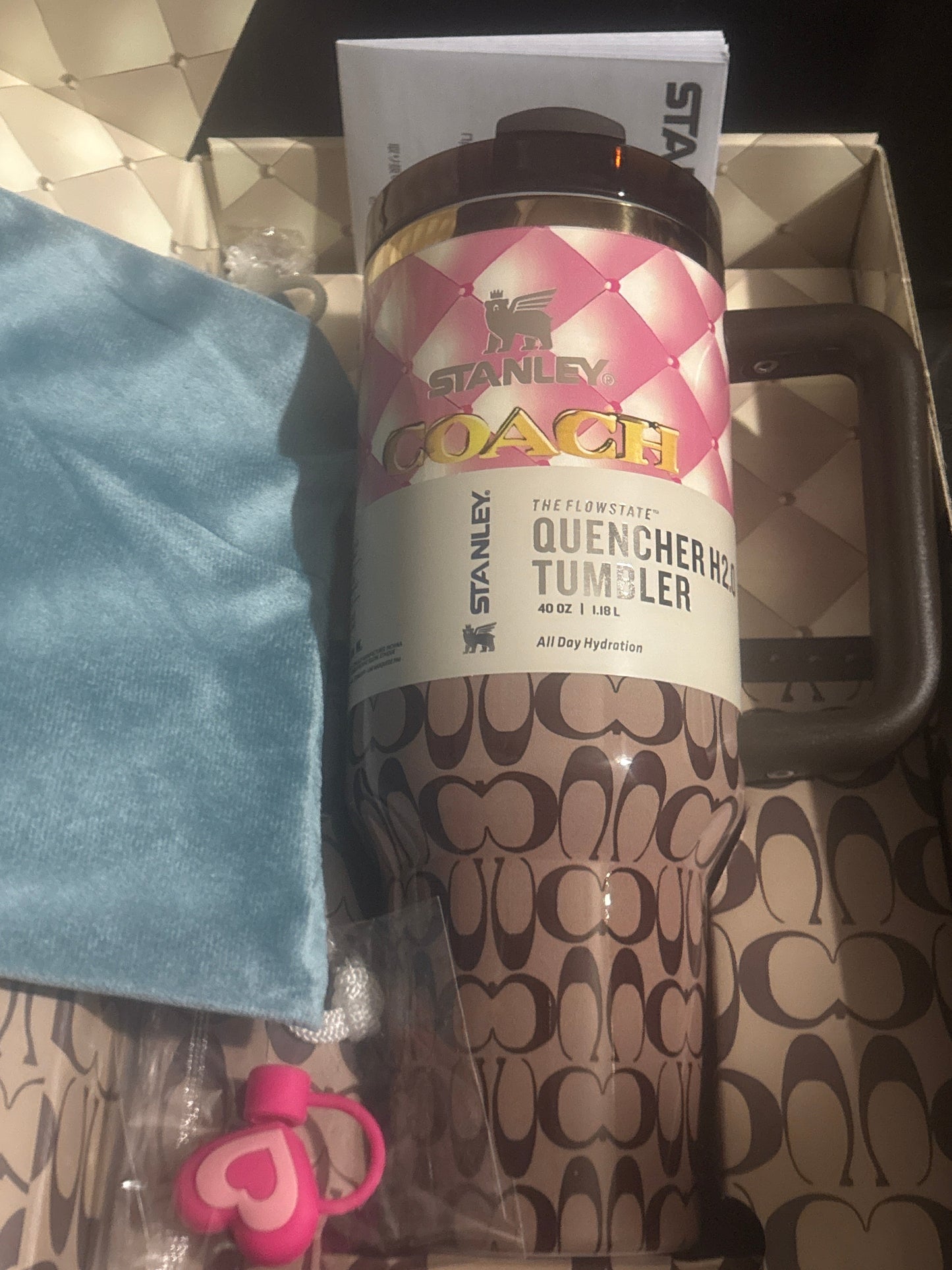 Stanley x Coach Pink Quilted Signature Monogram Quencher Tumbler 40oz in gift box