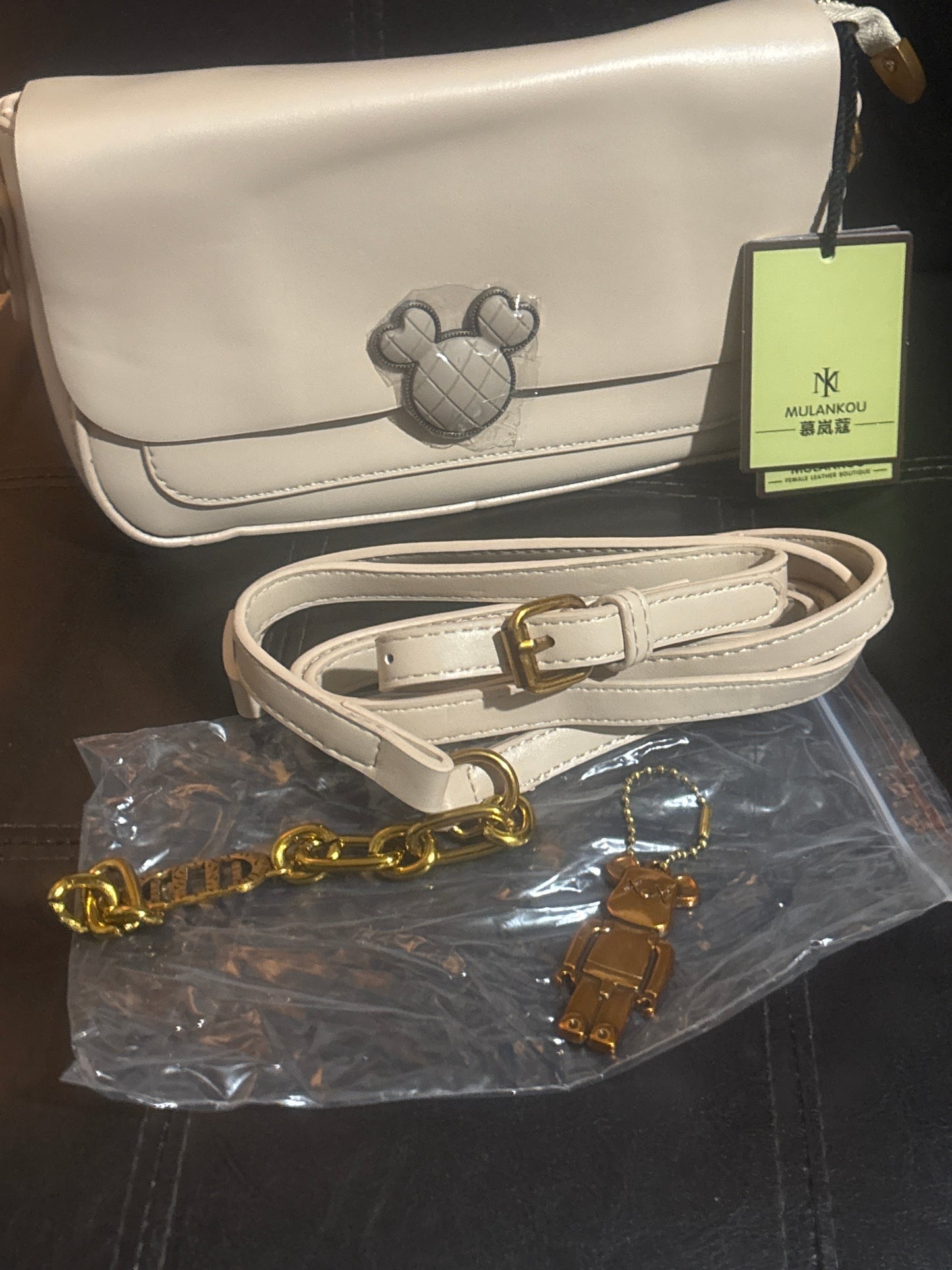 Luxury Mickey Mouse Quilted Clasp Ivory Crossbody Bag with Chain & Leather Straps 🐭🤎✨