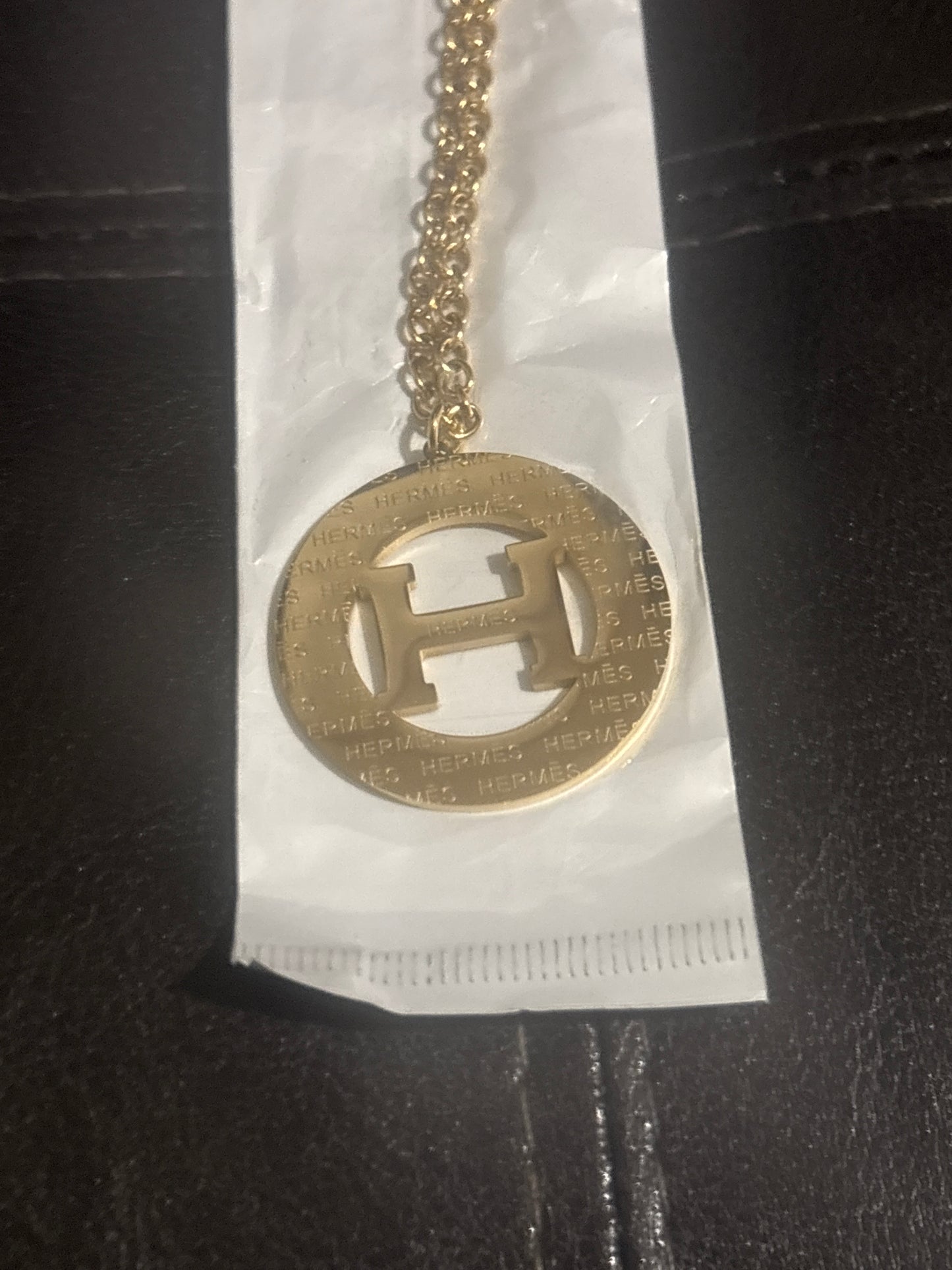Hermès H Logo Gold Chain Necklace 💫✨ Stainless Steel | All-Over Monogram Circle Pendant | Double Chain | Luxury Statement Jewelry 💎