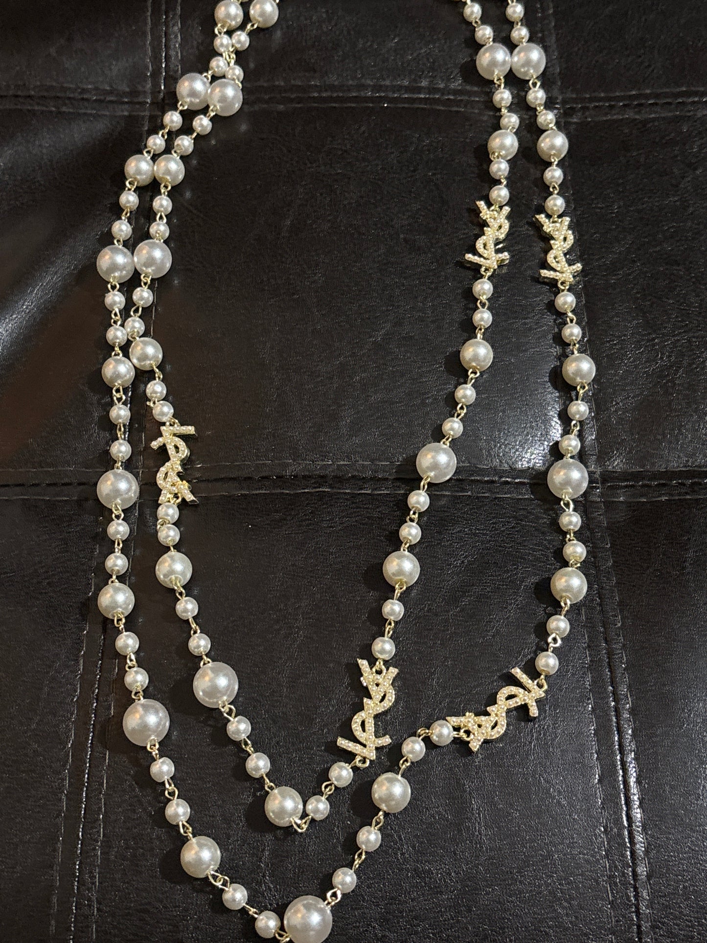 💫 Luxury Long Graduated Pearl & Gold Rhinestone Monogram Station Necklace — Style #1288 🫖💎