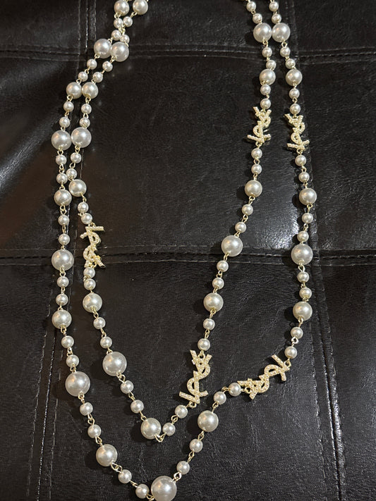 💫 Luxury Long Graduated Pearl & Gold Rhinestone Monogram Station Necklace — Style #1288 🫖💎