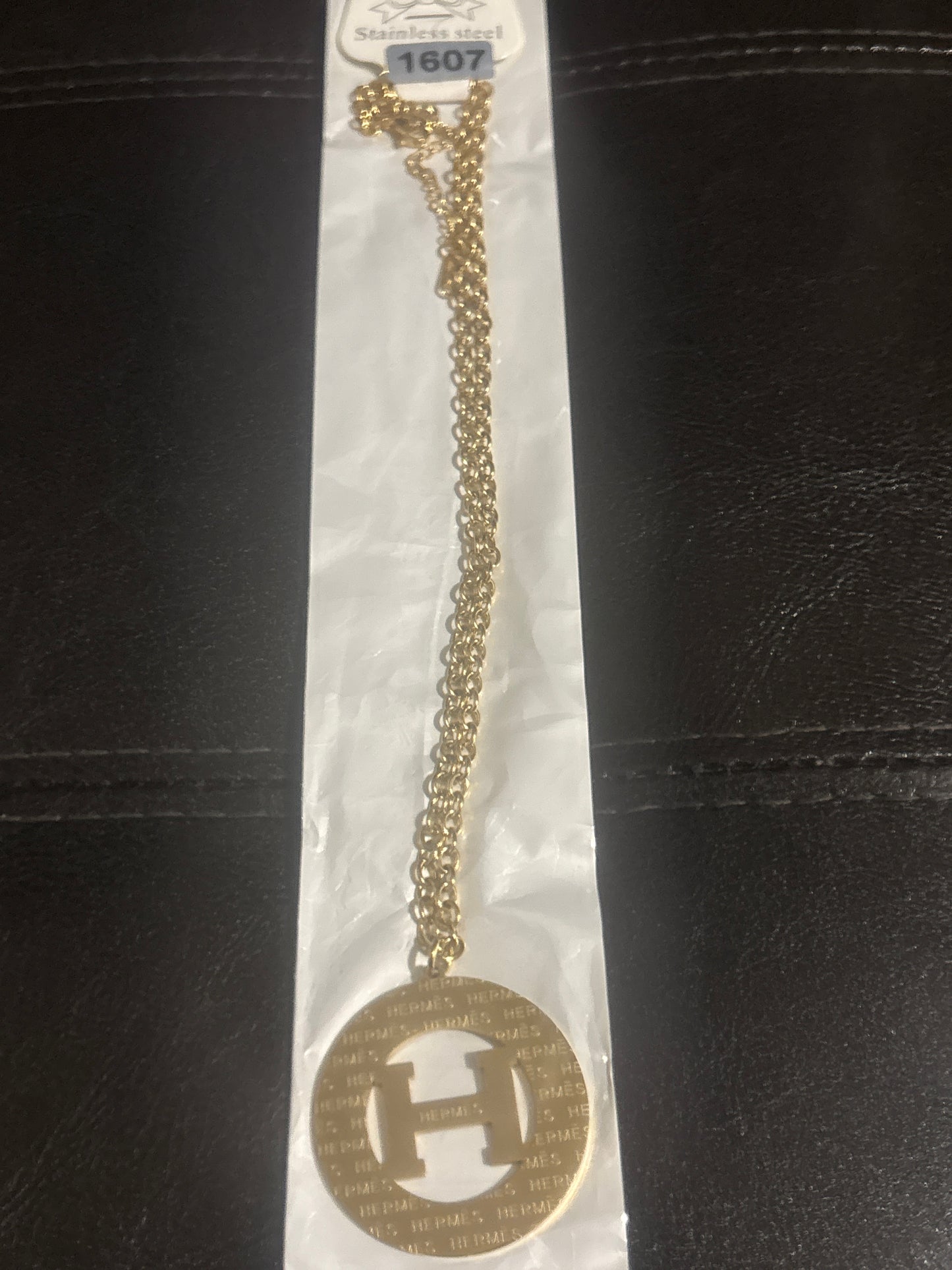 Hermès H Logo Gold Chain Necklace 💫✨ Stainless Steel | All-Over Monogram Circle Pendant | Double Chain | Luxury Statement Jewelry 💎