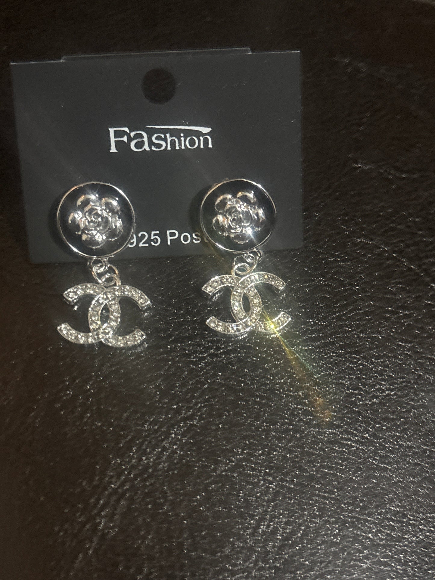 Chanel CC Crystal Camellia Drop Earrings 🖤🤍✨ 925 Silver Post | Black Camellia Flower Stud | Crystal CC Logo Pendant | Luxury Statement Jewelry 💎
