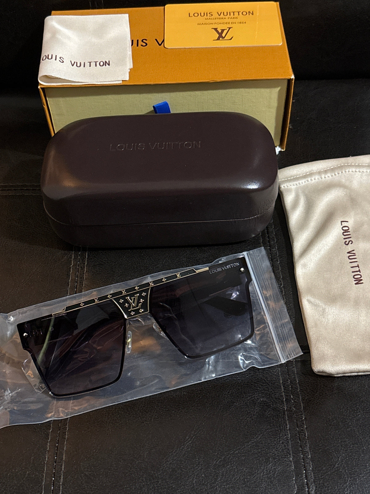 Luxury Inspired LV Square Flat-Top Sunglasses | Sliver Monogram Brow Bar, Dark Smoke & LV Logo Hinge 🖤✨🕶️ #0349