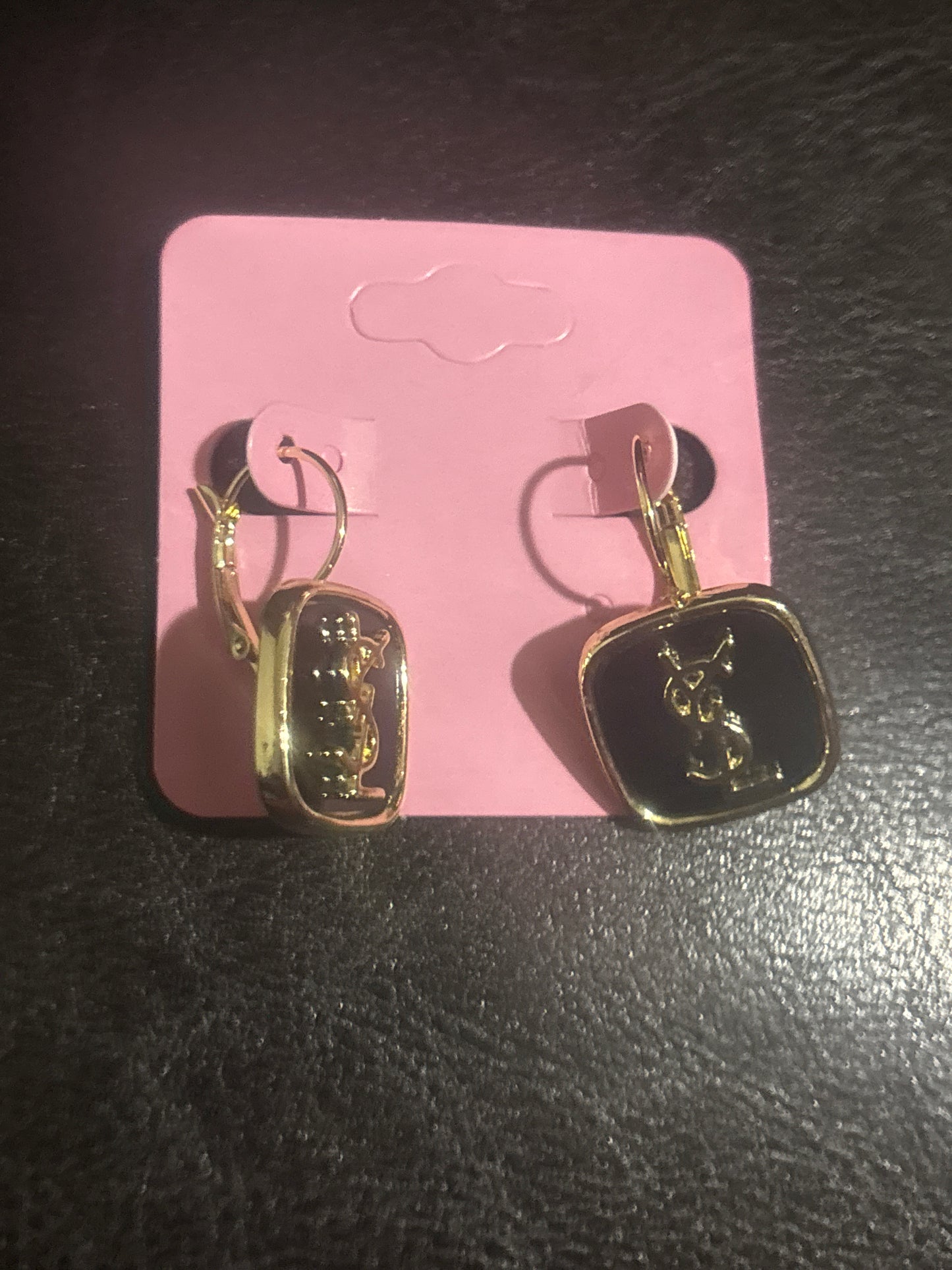 YSL Yves Saint Laurent Black Enamel Square Drop Earrings 🖤💫✨ Gold | Bold YSL Logo | Textured Gold Square Pendant | Luxury Statement Jewelry 💎